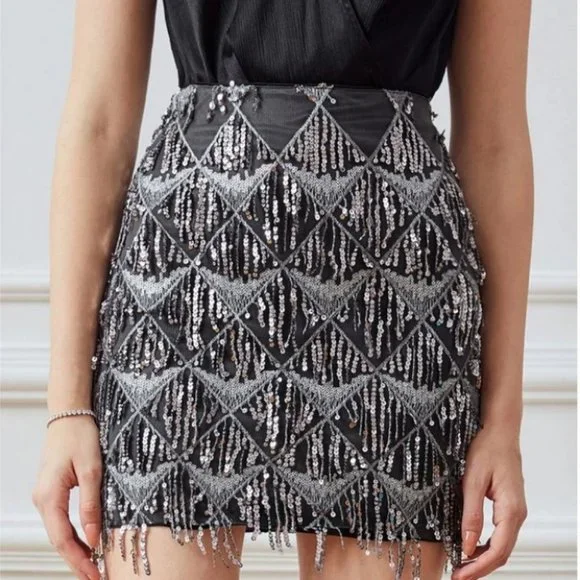 elegant party gray sequined fringe mini skirt - Picture 7 of 9